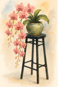 Orchidée rose sur un tabouret
