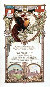 Coq et Monuments, menu de banquet du Comité Républicain du Commerce, de l