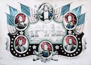 Bataille du lac Érié avec portraits de héros navals américains