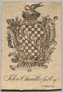 Ex-libris : Armoiries avec inscription de John Chandler Jun.r, Esq.
