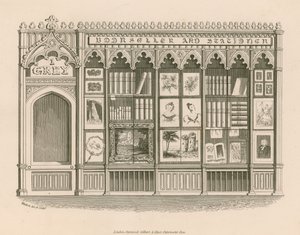 Conception de devanture gothique pour un libraire et papetier, conçue pour contourner les restrictions de bail sur une devanture normale - Nathaniel Whittock