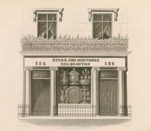 Façade de magasin de style ionique de Messieurs Storr et Mortimer, orfèvres et bijoutiers, n° 156, Bond Street, Londres