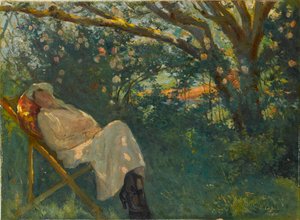 Dame en rose sur une chaise longue
