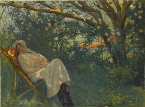 Dame en rose sur une chaise longue