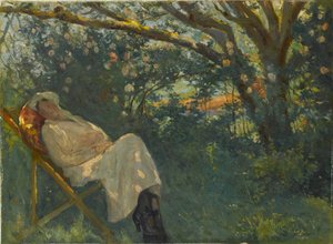 Dame en rose sur une chaise longue