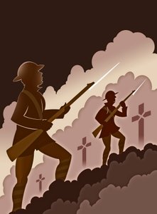 Soldats de la Première Guerre mondiale avec baïonnettes - sortant des tranchées