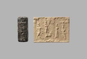 Sceau-cylindre avec homme-scorpion et impression moderne, c.8e-7e siècle av. J.-C. (quartz, crypto-cristallin) - Neo Assyrian