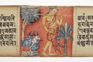 Sudhana voyageant à travers un paysage rocheux avec deux taureaux, du Gandavyuha