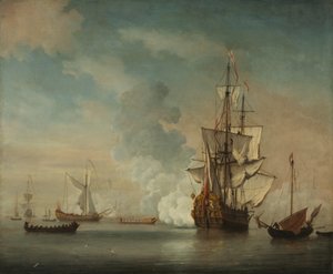 Navire de guerre anglais tirant une salve