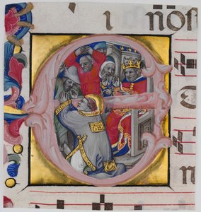 Enluminure de manuscrit avec le martyre de Saint Étienne dans une initiale E..., vers 1394-1402