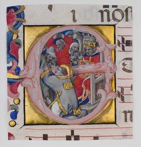 Enluminure de manuscrit avec le martyre de Saint Étienne dans une initiale E