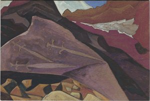 Trois glaives, images sur roche, Lahul, 1936