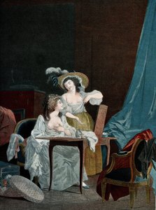 Deux jeunes femmes comparant leur poitrine (impression)