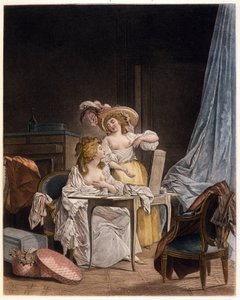 La comparaison. Deux femmes comparent la taille de leur poitrine. Gravure de Nicolas Lavreince (1737-1807), vers 1782