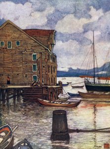 Norvège : Vieux entrepôt et bateaux, Molde (lithographie en couleur)
