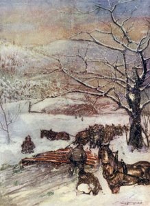 Norvège : Chasse-neige tiré par huit ou dix chevaux (lithographie en couleur)