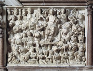 Le Jugement dernier (Jugement dernier) Chaire réalisée par Nicola Pisano (1215/20-1278/84) (Chaire en marbre) 1260 Baptistère Saint-Jean de Pise (Battistero san Giovanni di Pisa), Italie