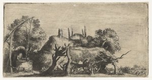 Paysage avec un puits et une charrette