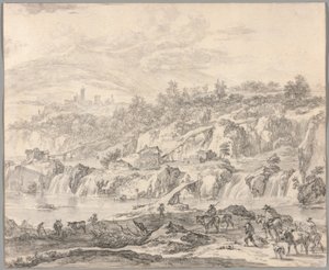 Paysage avec cascades et ponts, paysans au premier plan - Nicolaes Berchem