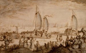 Les yachts terrestres de Prins Maurits de Nassau sur la plage de Scheveningen, vers 1614-15