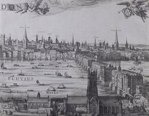 Panorama de Londres et de la Tamise, troisième partie montrant Southwark, London Bridge et les églises de la ville, vers 1600