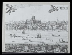 Panorama de Londres et de la Tamise, partie deux montrant la cathédrale Saint-Paul et le théâtre du Globe, c. 1600