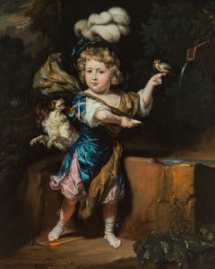 Dutch : Garçon avec oiseau et chien à la fontaine Garçon avec oiseau et chien à la fontaine - Nicolaes Maes