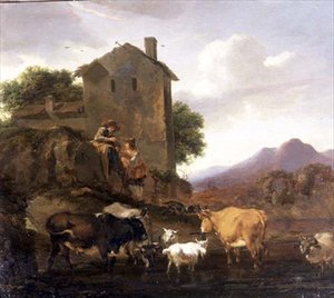 Bergers avec du bétail et des chèvres