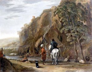 Paysage italianisant avec des figures et un cheval sur une route