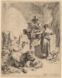 Le berger assis sur une fontaine et la fileuse - Nicolaes Pietersz Berchem