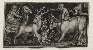 Singes chevauchant un chameau et un taureau, 1594 - Nicolaes de Bruyn