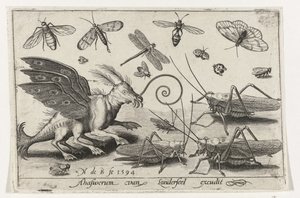 Sauterelles et créature fantastique avec ailes et palmes (Vogels en insecten)