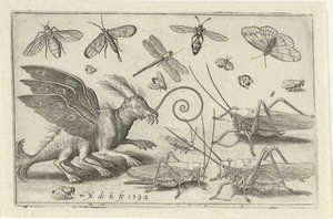 Sauterelles et créature fantastique avec ailes et nageoires (Vogels en insecten)