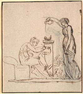 A genio lumen. Une femme assise écrit, à droite une autre femme verse de l