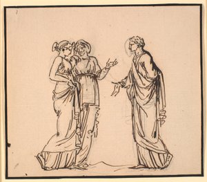 Scène antique avec trois figures, un homme parlant à deux femmes