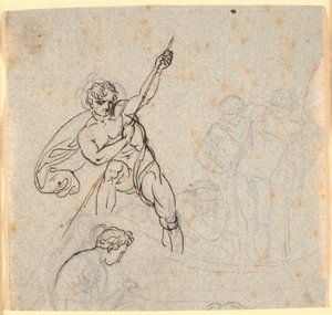 Bateau avec homme tenant une perche et quatre autres figures