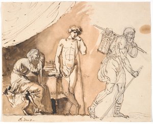 Le roi athénien Codros quitte sa maison pour marcher incognito vers les ennemis, à gauche sa femme et son fils - Nicolai Abildgaard