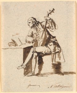 Le poète anglais Gower assis avec un luth à une table où est ouvert Hérodote - Nicolai Abildgaard