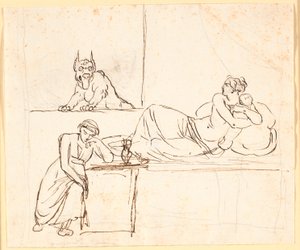 Une femme allongée avec un nourrisson sur un lit, voit un monstre apparaître à la fenêtre. Au pied du lit, une femme endormie est assise