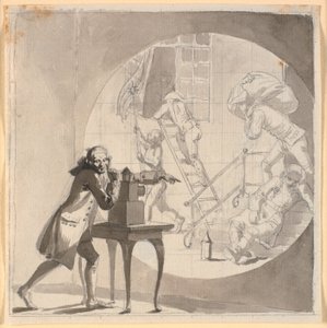 Un homme avec une lanterne magique montre un vol se déroulant sous le nez du gardien endormi
