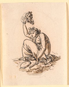 Femme assise levant un masque au-dessus de sa tête - Nicolai Abildgaard