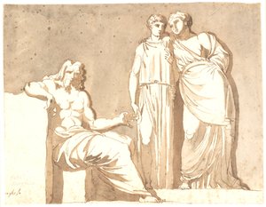 Un homme assis et deux figures féminines debout