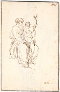 Jeune femme assise avec un garçon nu debout levant un bras - Nicolai Abildgaard
