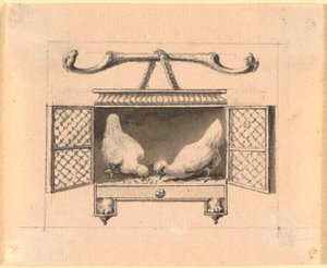 Un couple de poules dans une cage picorant des grains