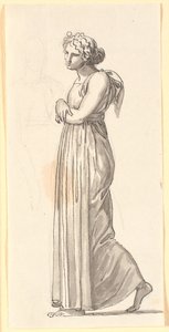Figure féminine marchant en costume antique, de profil à gauche