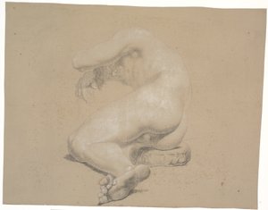 Modèle à moitié allongé sur un coussin. Vers la gauche. La tête repose sur le bras droit, soutenu par un socle. Le bras gauche au-dessus de la tête. Les jambes pliées au genou. La jambe gauche sur la droite