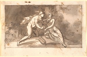 Hermès enseigne à un jeune homme (Apollon ?) à jouer de la flûte
