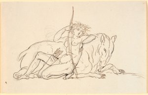Figure féminine avec des flèches et un carquois, assise appuyée contre un animal fantastique (peut-être un fourmilier). Allégorie de l