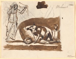 Muhamed, assis entre des coussins, à gauche une figure féminine