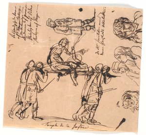 Le triomphe de la justice. Quatre hommes armés portant une civière, avec une figure allongée et une figure assise - Nicolai Abildgaard